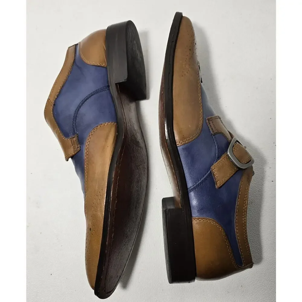 Fratelli Footwear Mens Tan/Blue Leather Wingtip Monk Strap Dress Shoes Sz US 9.5